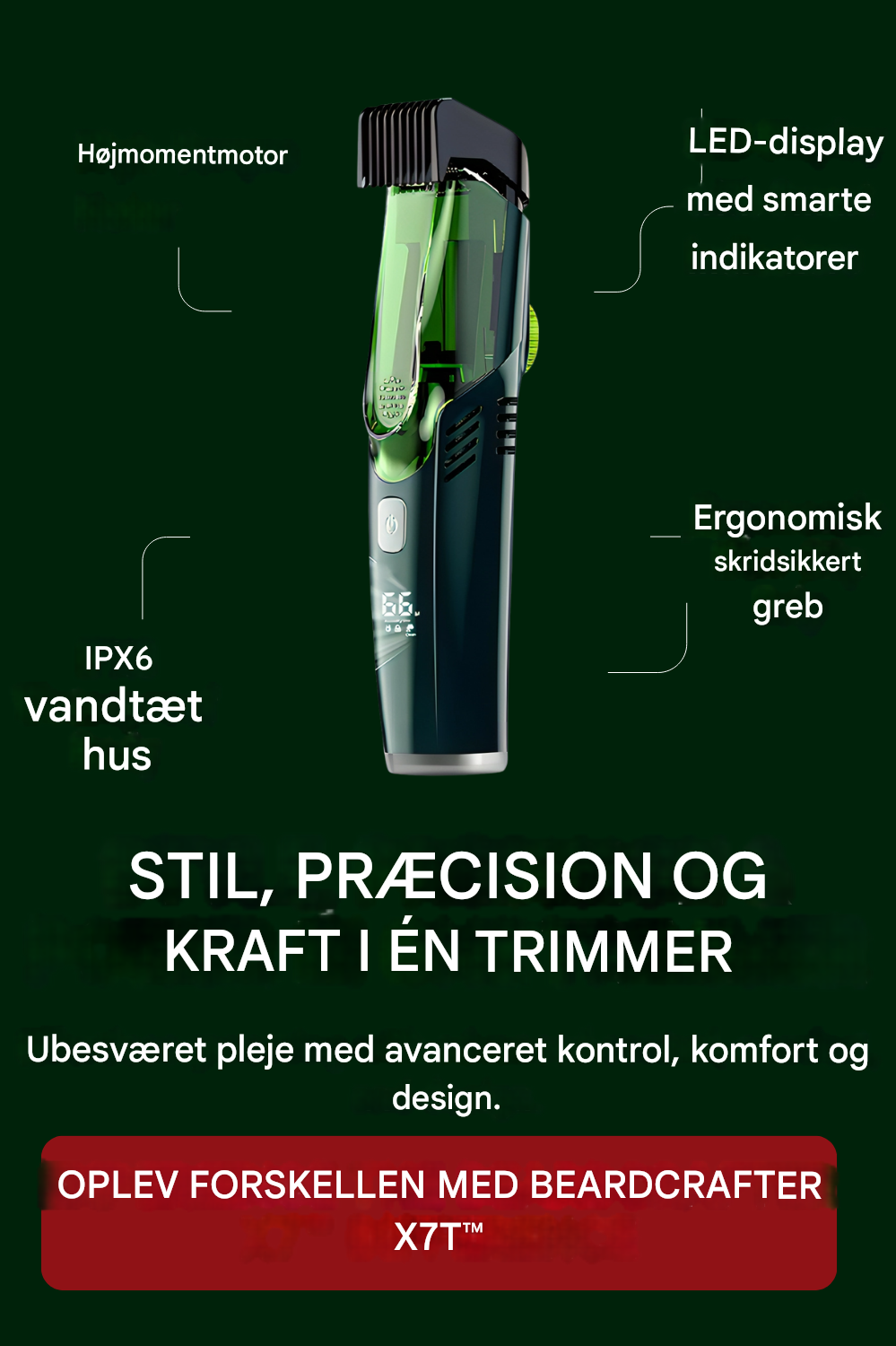 BeardCrafter X7™ – Ledningsfri skægtrimmer med justerbar længde og USB-hurtigopladning