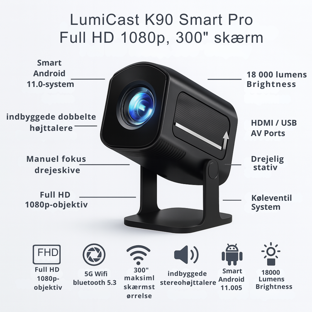 LumiCast K90 Smart Projektor – Skarp Full HD 1080p med Android-support